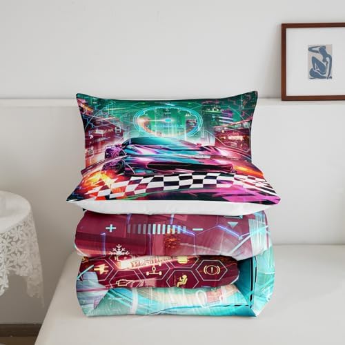 Feelyou Boys Pink Race Car Toddler Size Bedding Set Kids Racing Car Decor Comforter Extreme Sports Car Comforter Set for Teens Honeycomb Grid Car Comforter Quilt Set Car Room Decorations