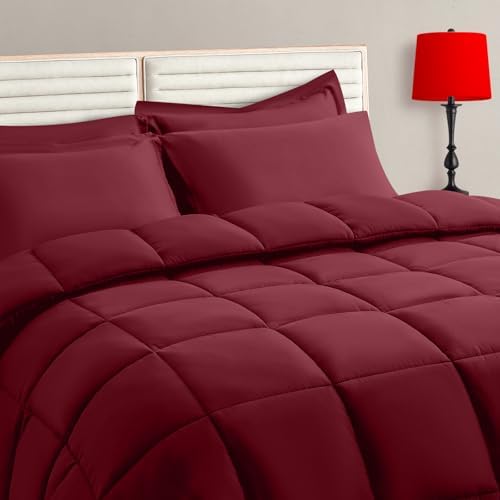 TAIMIT Burgandy Twin Size Comforter Set - 5 Pieces, Bed in a Bag Bedding Sets with All Season Soft Quilted Warm Fluffy Reversible Comforter,Flat Sheet,Fitted Sheet,1 Pillow Shams,1 Pillowcases