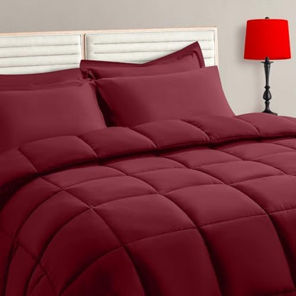 TAIMIT Burgandy Twin Size Comforter Set - 5 Pieces, Bed in a Bag Bedding Sets with All Season Soft Quilted Warm Fluffy Reversible Comforter,Flat Sheet,Fitted Sheet,1 Pillow Shams,1 Pillowcases