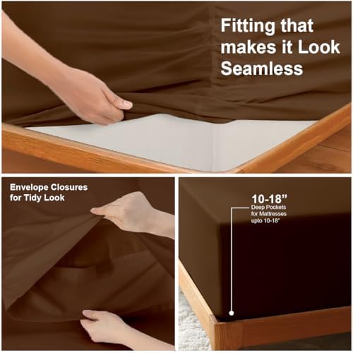 NON Sticky cotton King 4 Piece Sheet Set, 100% Long Staple Cotton, Soft Cooling Hotel Luxury Bedding Sheets, Deep Pocket Fits 10" to 18" Mattress, 78" x 80", Chocolate Solid