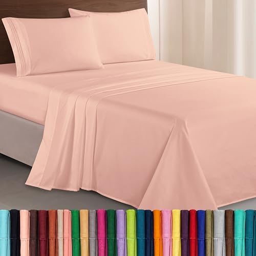 Elegant Comfort Luxurious 1500 Premium Hotel Quality Microfiber Three Line Embroidered Softest 4-Piece Bed Sheet Set, Wrinkle and Fade Resistant, Full, Blush Pink