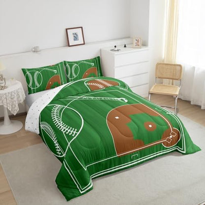 Erosebridal Kids Baseball King Comforter Set for Boys Girls Sport Bedding Set, Geometric Reversible Bedding Comforter Sets Green Brown Duvet Set, Ball Gaming Quilted Comforter, Microfiber