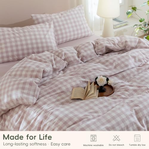 JIYUAN Full Washed Cotton Duvet Cover Set, 3-Piece, Large Gingham