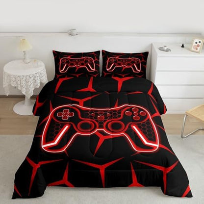 Feelyou Gamer Bedding Set Queen Size Gaming Duvet Quilt for Kids Teens Adults Game Controller Comforter Set Geometric Gamepad Red Room Decor 3Pcs with 2 Pillow Case