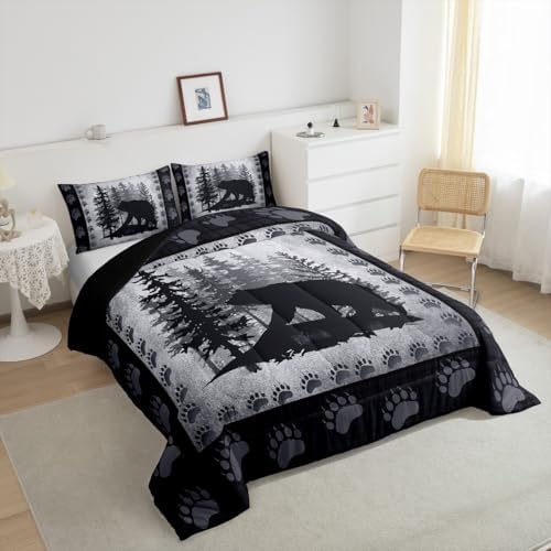Bear Print Kids Comforter Set King Size,Wild Animal Pine Trees Retro Bedding Set All Season Bear Paw Pattern Quilt Set with 2 Pillowcases,Rustic Grid Plaid Hunt Lodge Decor Polyester Comforter, Grey