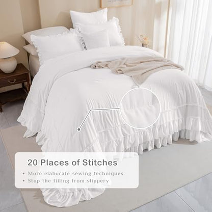 Masaca 120x120 Oversized King Comforter,Farmhouse Shabby Boho Chic Netural White Ruffle California King Comforter Set French Country Rustic Bedding 3PCS (1 Ruffled Comforter+2 Pillow Shams)