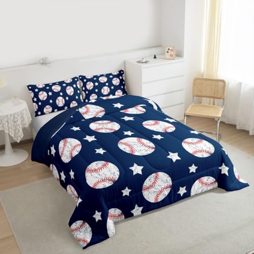 Castle Fairy Baseball Comforter Set Full,Vintage White Graffiti Star Bedding Set 3pcs for Kids Boys Teens Room Decor,Ball Sports Games Duvet Insert Navy Blue Quilted Duvet with 2 Pillowcases