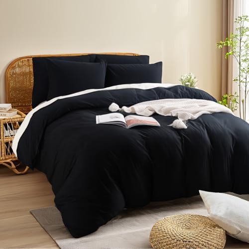 NEXHOME PRO Queen Duvet Cover Set – 100% Certified Organic Cotton with Washed Feel & Linen-Like Texture, Comfortable & Breathable, Home Bedding Set Black (No Comforter)