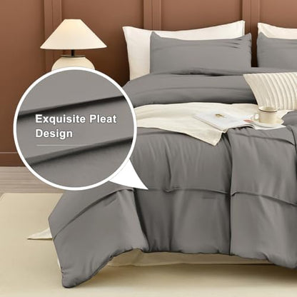 Masaca Grey Oversized King Comforter 128x120,Pinch Pleated Extra Large King Size Bedding Comforter,Farmhouse Boho Bedding 3PCS (1 Gray Comforter+2 Pillow Shams)