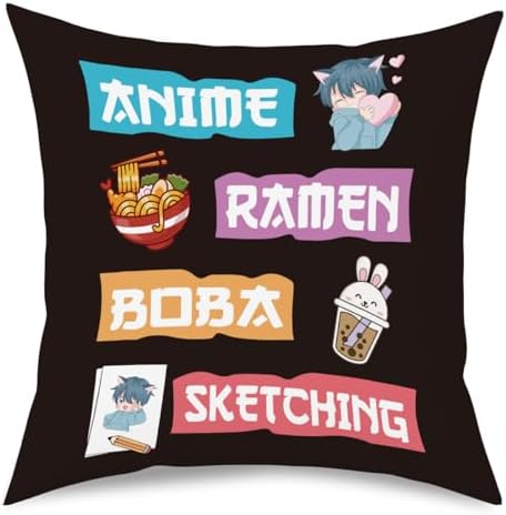 Anime Decor, Just a Girl Who Loves Ramen Boba Sketching Room Decorative Throw Pillow Covers, Anime Lovers for Home Living Room Girl Women Bedroom Decoration Gifts