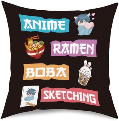 Anime Decor, Just a Girl Who Loves Ramen Boba Sketching Room Decorative Throw Pillow Covers, Anime Lovers for Home Living Room Girl Women Bedroom Decoration Gifts