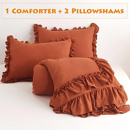 Masaca Ruffle Comforters Queen Size Set,Burnt Orange Shabby Boho Chic Comforter Farmhouse Terracotta Bedding Sets 3PCS（1 Ruffled Comforter and 2 Pillowcases）