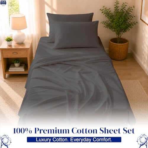 Cottingon 4 PC Cot Sheet Set 25"X75", Egyptian Cotton, Dark Grey