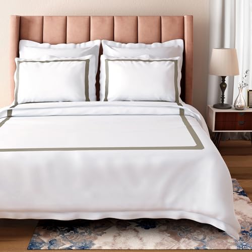 BIOWEAVES 100% Organic Cotton Banded Full/Queen Duvet Cover Set, 300 Thread Count Sateen Weave GOTS Certified Comforter Cover with Buttoned Closure and 2 Pillow Shams – White & Sand, 90x90 inches