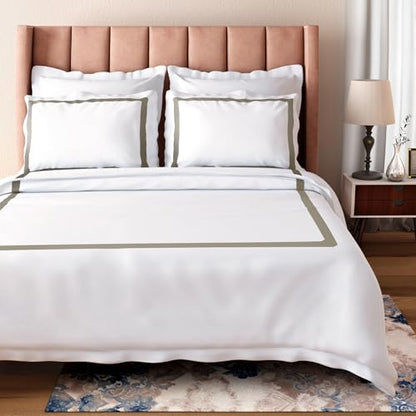 BIOWEAVES 100% Organic Cotton Banded Full/Queen Duvet Cover Set, 300 Thread Count Sateen Weave GOTS Certified Comforter Cover with Buttoned Closure and 2 Pillow Shams – White & Sand, 90x90 inches