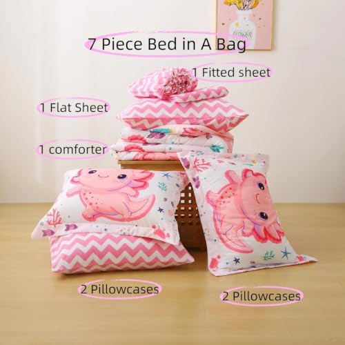 Girls Pink 7 Piece Axolotl Comforter Set for Kids Twin Size Kawaii Axolotl Bedding for Teen 3D Animals Colorful Bed Set (Comforter,Flat Sheet,Fitted Sheet and Pillow Sham)