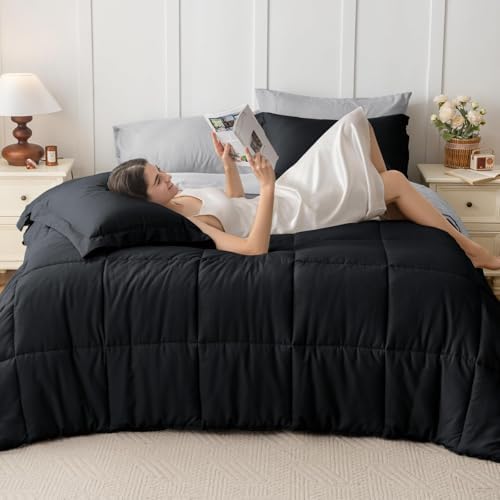 JOLLYVOGUE King Comforter Set, Ultra-Soft Bed in a Bag King Size 7 Pieces, Oeko-TEX Certified Bedding Set with Down Alternative Comforter, Sheets, Pillowcases & Shams, Black & Light Grey