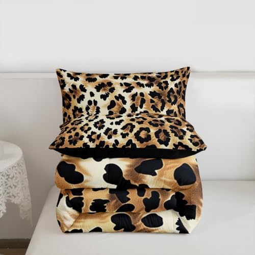jejeloiu Leopard Comforter Set All Season Animal Skin Bedding Set with 2 Pillow Cases Animal Print Microfiber Kids King Bedclothes Bedroom Decor Duvet Quilt Breathable Soft Lightweight
