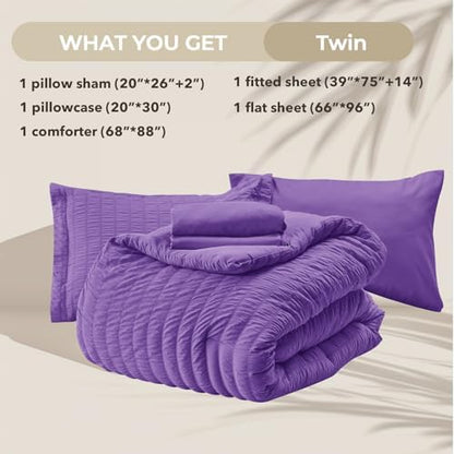 HYMOKEGE Bright Purple Twin Comforter Set Seersucker 5 Pieces, All Season Luxury Bed in a Bag for Bedroom, Bedding Set with Comforter, Sheets, Pillowcase & Sham