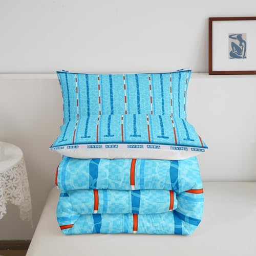 Swimming Kids Comforter Set Full Size,Swim Sports Games Modern Fashion Bedding Set,Boys Girls Adults Room Decor,Swimming Pool Chic Down Comforter,Blue Unique Duvet Insert,2 Pillowcases