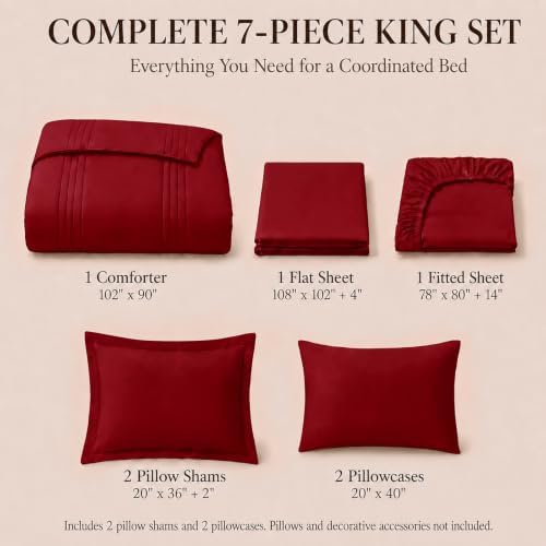 CozyLux King Size Comforter Set Dark Red- 7 Pieces Bed in a Bag