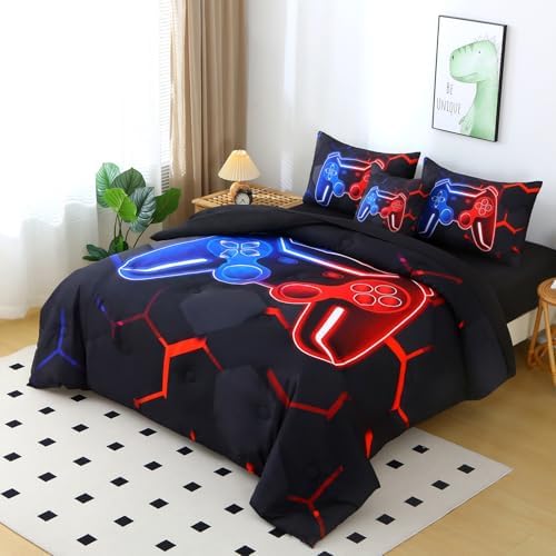 6 Pieces Full Size Kids Comforer Set for Boys Blue and Red Gaming Bedding Set 3D Honeycomb Gamer Bed in a Bag Game Console Printed Teen Boy Bed Comforter Sheet Set (Blue Red, Full)