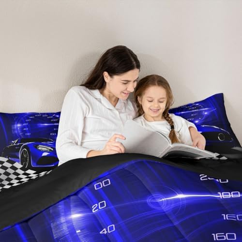 Erosebridal Blue Race Car Comforter Set for Children Boys,Glitter Ombre Line Art Bedding Set Neon Light Sports Car Dashboard Quilt Full,Black and White Grid Lattice Buffalo Plaid Decor