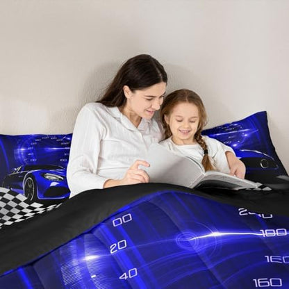 Erosebridal Blue Race Car Comforter Set for Children Boys,Glitter Ombre Line Art Bedding Set Neon Light Sports Car Dashboard Quilt Full,Black and White Grid Lattice Buffalo Plaid Decor