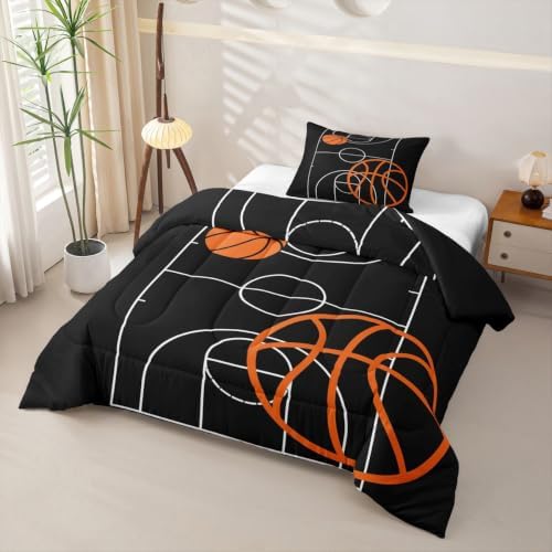 Homewish Basketball Comforter Set Sports Theme Bedding Set for Kids Girls Women Adults Basketball Court Comforter Black and Orange Quilted Duvet Set Bedroom Collection Twin Size 2Pcs