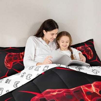 Castle Fairy Game Controller Gamepad King Size Comforter/Duvet Set,Kids Game Ultra Soft Bed Collection,Gaming Honeycomb Red Bedding for Room Decor 3 Pcs,Microfiber Breathable