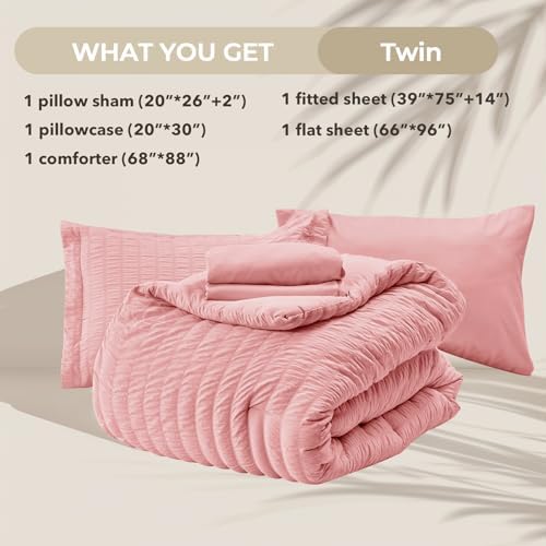 HYMOKEGE Rose Pink Twin Comforter Set Seersucker 5 Pieces, All Season Luxury Bed in a Bag for Bedroom, Bedding Set with Comforter, Sheets, Pillowcase & Sham