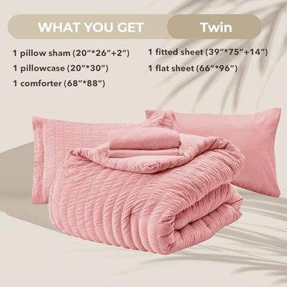 HYMOKEGE Rose Pink Twin Comforter Set Seersucker 5 Pieces, All Season Luxury Bed in a Bag for Bedroom, Bedding Set with Comforter, Sheets, Pillowcase & Sham