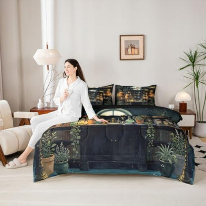 Erosebridal Gothic Witchy 7 Piece Bedding Set Twin Dark Academia Bookshelf Comforter Set with Sheets Vintage Witchy Bookshelf Bed in a Bag Gothic Book Lover Bed Sets Comforter