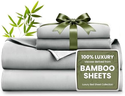 Love's cabin 4 Piece King Size Sheet Set, 100% Rayon Derived from Bamboo, Cooling & Breathable, Soft Silky Deep Pocket up to 16", Hotel Luxury Bedding for Hot Sleepers, Light Grey