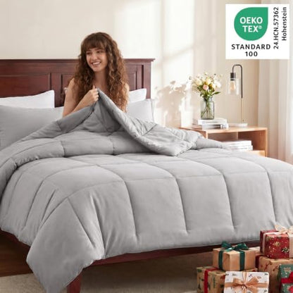 CozyLux Queen Size Comforter Set, 3-Piece Box-Stitched, French Grey