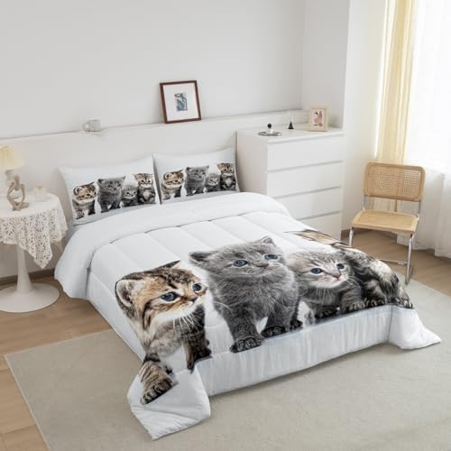 Feelyou Little Cat Bedding Set Lovely Pet Cats Comforter Cat Lover's Animal Themed Design Comforter Set for Boys Girls Kids Room Decor Cute Kitten Print Duvet Set Full Size with 2 Pillow Case