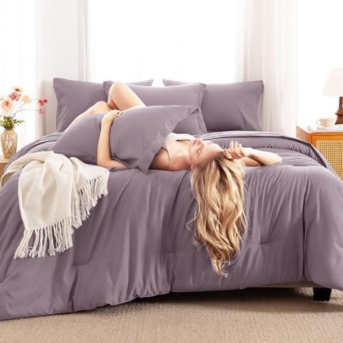 CozyLux Twin Comforter Set Dusty Purple, 5 Pieces Bed in a Bag Twin Comforter Set with Sheets, Grayish Purple Bedding Sets with Down Alternative Comforter, Sheets, Pillowcase & Sham, Soft Bed Set