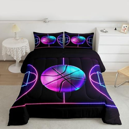 Basketball Duvet Insert Twin,Sports Game Bedding Set 2 Pcs for Kids Teens Boys Room Decor,Neon Watercolor Geometric Lines Comforter Set Black Microfiber Quilted Duvet with 1 Pillowcase