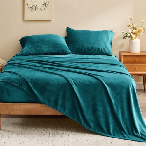 BEDELITE Flannel Sheets King Size, Teal, 4 Pieces