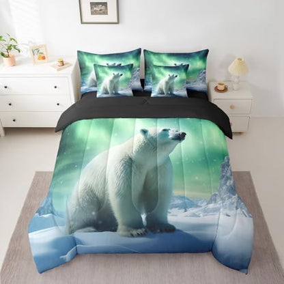 Erosebridal Polar Bear Bedding Set Queen,3D Polar Bear Comforter Set,Arctic Wildlife Animal(Comforter+Fitted+Flat Sheet+2 Pillowcases+2 Throw Pillow Covers) 7 Pieces Northern Lights Bed Set