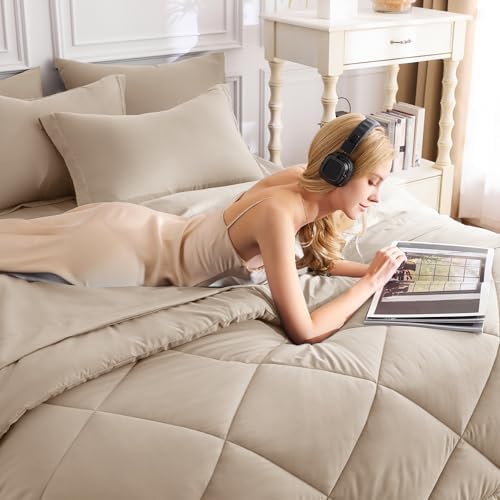 CozyLux Queen Comforter Set 88"x88" Wheat - 7 Piece Bed in a Bag