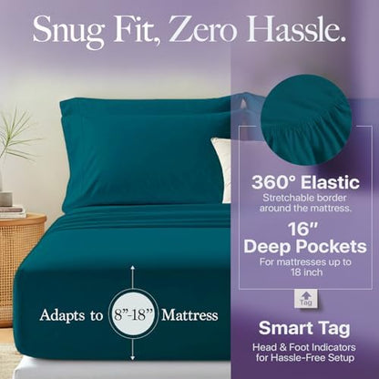Carressa Linen 600 Series Queen Size Sheets Set, 16" Deep Pocket, Teal
