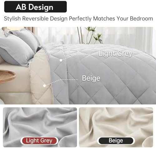 MUXHOMO 7 Pieces King Comforter Set, Reversible Bed in a Bag King Size, All Season Bedding Set with Comforter, Flat Sheet, Fitted Sheet, Pillowcases & Shams, Light Grey & Beige