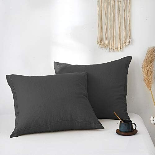 Simple&Opulence 100% French Linen Euro Shams with Embroidery (26'' x 26'') - Pack of 2 - Pre Washed Solid Color Natural Flax Soft Breathable - Dark Grey