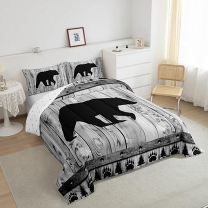 Bear Comforter Set King Size,Rustic Farmhouse Wood Cabin Bedding Set,Wildlife Hunting Quilt Set for Kids Boys Girls Teens Room Decor,Grey Black Pine Trees Pattern Duvet Insert,2 Pillowcases