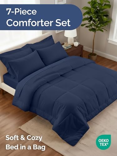 Queen Comforter Set - 7 Piece Bed in a Bag Queen Size Bed Set - Navy Blue