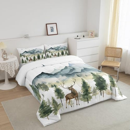 Feelyou Deer Moose Print Comforter Set Toddler Girls Teens Adult, Kids Boys Watercolor Hunting Deer Bedding Set, 3D Woodland Wild Animal Comforter Soft Quilt Set,Blue with 1 Pillowcase 2Pcs Bedding
