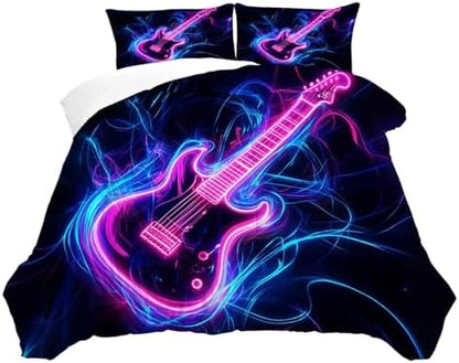Guitar Comforter Set King Size Neon Music Bedding for Kids Girls Women Bedroom Quilt Bed Set 1 Comforter 2 Pillowcases