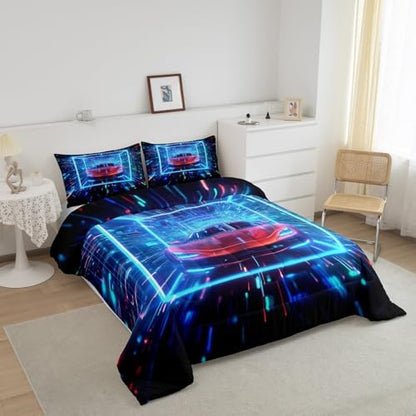 Erosebridal Boys Sports Car Full Comforter Set for Kids Racing Car Bedding Set Sports Race Car Down Comforter Colorful Cool Neon Quilt Lightning Duvet Insert 3Pcs Bedding Room Decor