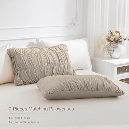 Masaca 120x120 Oversized Comforter King Size,Linen Like Textured Ruched California King Bed Comforter Set Soft Lightweight Fluffy Ruffle Farmhouse Shabby Bedding Set 3PCS